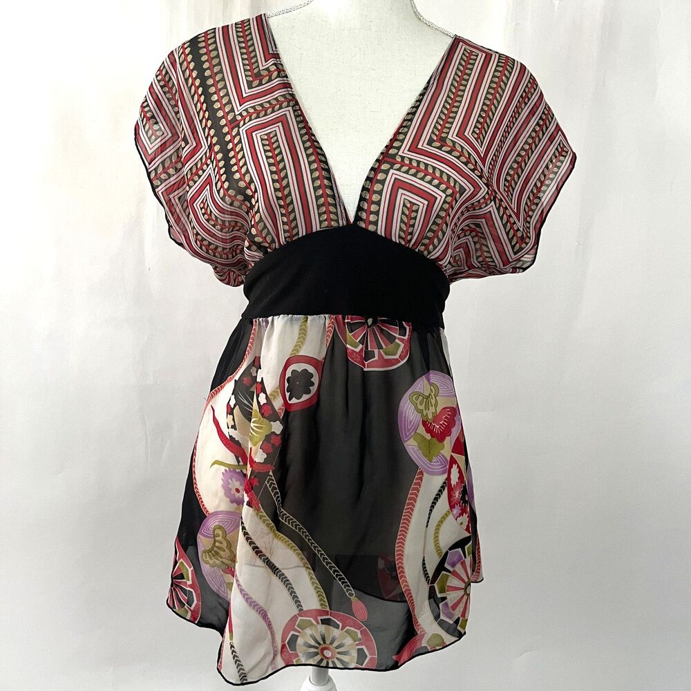 Y2K Babydoll Top Charlotte Russe Medium Sheer‎ Floral Paisley Boho Asian Twee
